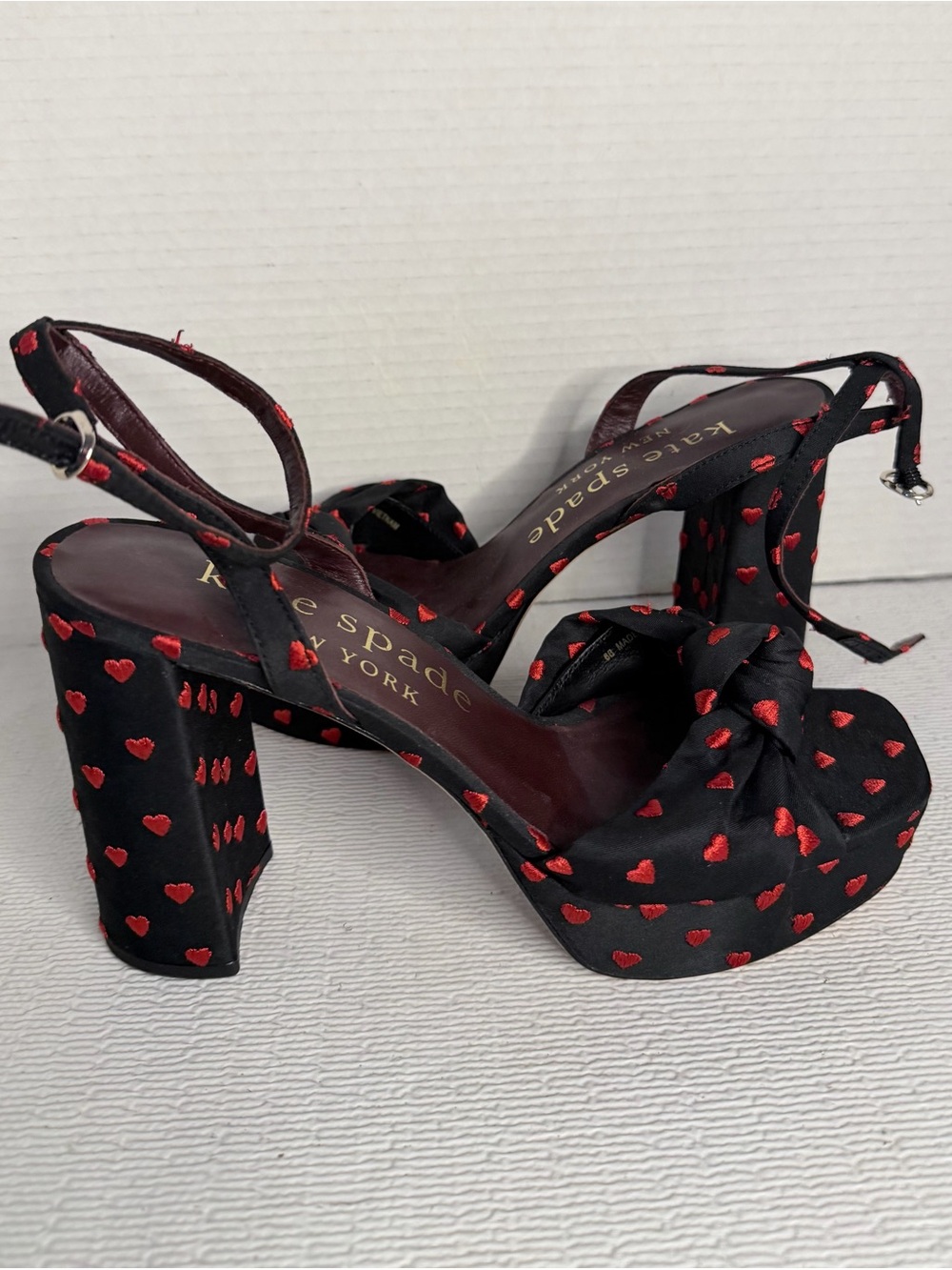 kate spade Black Platform Sandals with Red Heart Embroidery